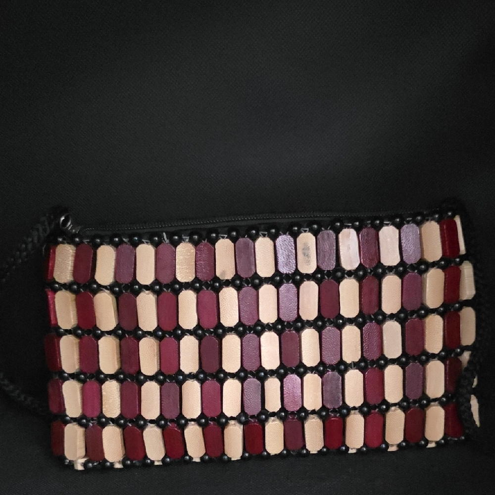 African Wooden Square Crossbody Purse in Natural and Burgundy - Picture 8 of 9